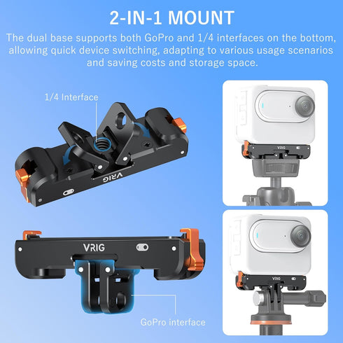 VRIG 360 3 3S, AC-39 1/4" 2-Prong Magnetic Quick Release Mount for Insta GO / GO Action Camera Adapter Vlogging