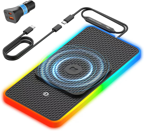 REESTECQI Wireless Car Charger Pad, 15W RGB Wireless Charger for Car Type C