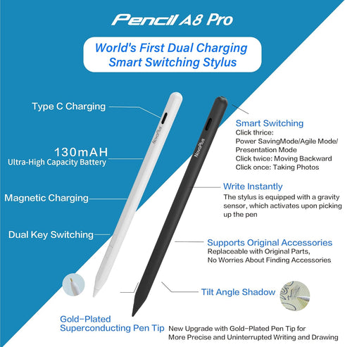 Novaplus A8 Pro iPad Stylus, Wireless & Type C Dual Charging, Key Switching Function for Notability, Procreate,