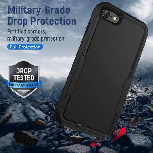 Heavy-Duty Tough Rugged Case with Screen Protector for iPhone SE 2022/2020/SE3/7/8, Military Grade Drop Tested, Black.