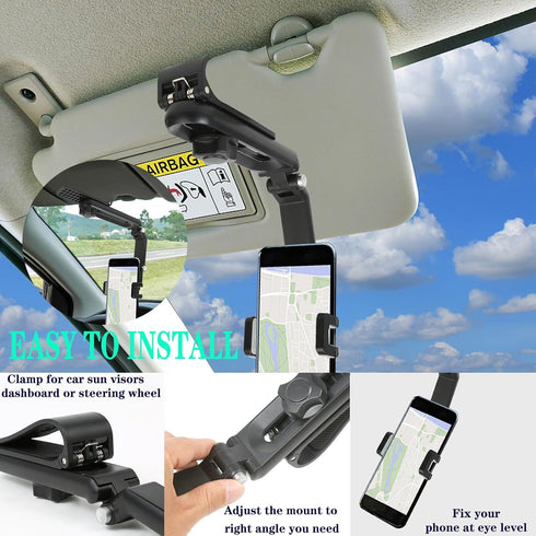 1080° Multifunctional Sun Visor Car Phone Holder, Universal 360 Rotating Clip for All Mobile Phones