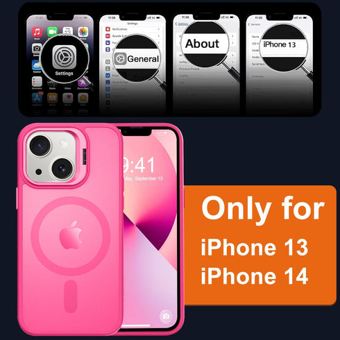 Hot Pink Magnetic Case for iPhone 13 & 14, Shockproof, Matte Scratch-Resistant, Built-in Stash Stand, Magsafe