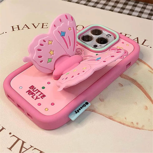 Cute 3D Butterfly iPhone 15 Pro Case, iPhone 14 Pro & 13 Pro with Kickstand, Shockproof Silicone Protector for Girls.