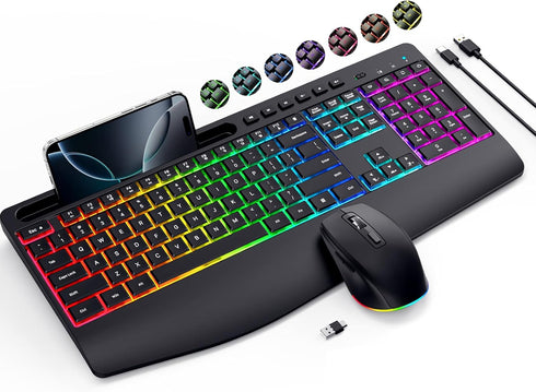 VEILZOR Wireless Keyboard and Mouse Combo- 2.4G Rechargeable Keyboard with Phone Holder, Ergonomic