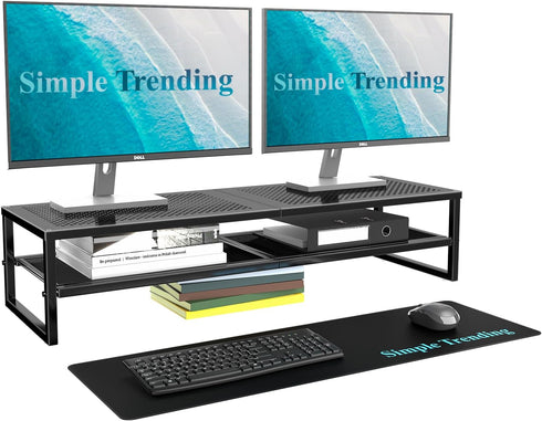 Simple Trending 2-Tier Metal Dual Monitor Stand Riser, Black Computer Office Desktop Organizer with Mouse Pad