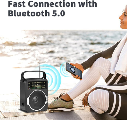Portable AM FM Radio, Bluetooth 5.0 Radio with Loud Speaker, Built-in Rechargeable Battery, AC Power Plug, Black