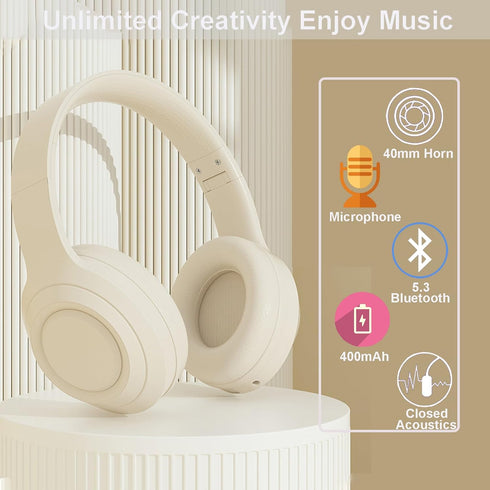 White Wireless Headphones Bluetooth, Foldable Over Ear Headphones, Hi Fi Stereo Headphones Built in Mic for phone/TV/PC/MP4/Home/Office