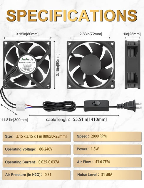 80mm 25mm 110V 120V 220V 240V EC Axial Cooling Fan x AC Ball Bearing Low Watt for PC Case, Projector, Cabinet, RV