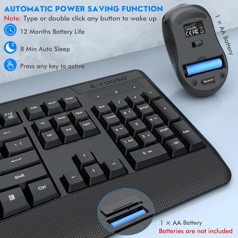 E-YOOSO Wireless Keyboard and Mouse Combo - 2.4GHz Full-Sized Ergonomic Keyboard with Wrist Rest, USB Mouse