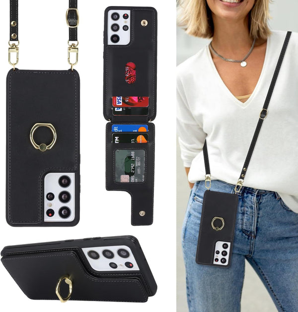 Samsung Galaxy S21 Ultra Case with Card Holder and Strap for Women, Crossbody Lanyard, Ring Stand, Snap Clasp, Phone
