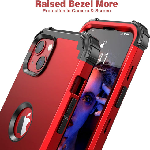 IDweel iPhone 15 Case - Red, 3-in-1 Shockproof Hybrid, Hard PC & Soft Silicone Bumper, with Tempered Glass Protector.