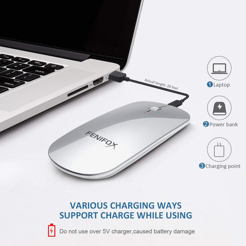 FENIFOX Bluetooth Mouse, Slim Mini Portable Wireless Rechargeable Quiet Ultra-Thin Mice (Silver and White)