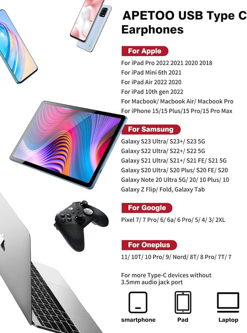 USB C Headphones for iPhone 15 Pro Max, Samsung S21, S22, S23, S24 Ultra, HiFi Stereo in-Ear Type C Earphones
