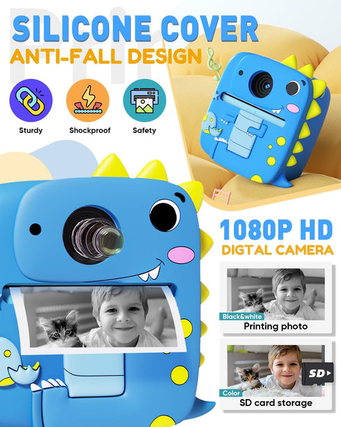Kids Camera Instant Print, 1080P Digital Camera with Silicone Cover, Portable Travel Toy for Age 3-8, Blue