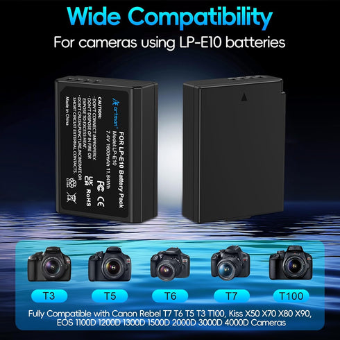 A Artman LP-E10 2-Pack 1600mAh E10 T7 T6 T5 T3 T100, X50 X70 X80 X90, 1100D 1200D 1300D 1500D 2000D 3000D 4000D Artman