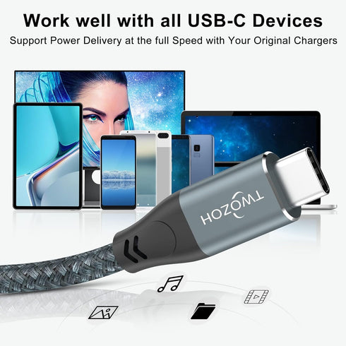 Twozoh USB C to USB C 3.2 Gen 2 Cable 20Gbps Data Transfer 100W PD Fast Charging 4K Video Output Monitor Cord (3.3FT, Grey) 2-Pack