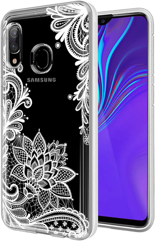 for Galaxy A20 Case - Shockproof Clear Floral Soft TPU Slim Phone Cover for Samsung Galaxy A20, White Mandala