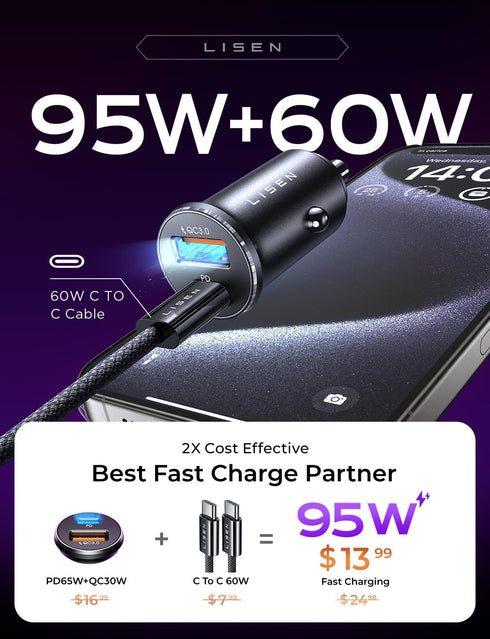 LISEN 95W USB C Car Charger Fast Charging PD65W Super Fast Charging Car Phone Charger Adapter Type C All Metal