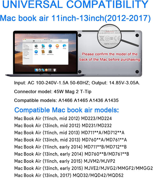 Replacement 45W Mac Book Air Charger with T-Tip AC Connector for 11 inch and 13 inch Mac Book Air After Mid 2012
