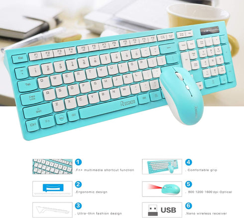 Full-Sized Wireless Keyboard and Mouse Combo - 2.4GHz USB Receiver - Wireless for PC, Windows, Desktop, Laptop (Blue)