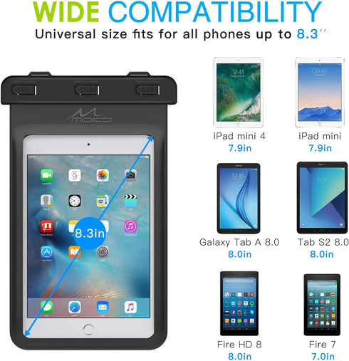 MoKo Universal Waterproof Case, Dry Bag Pouch for iPad Mini 6/5/4/3/2, Samsung Tab 5/4/3, Galaxy Note 8, Tab S2/Tab