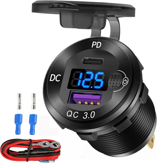 12V USB C Aluminum Car Charger Socket, PD 20W & Quick Charge 3.0 18W Waterproof USB Outlet for Marine Truck Motorcycle