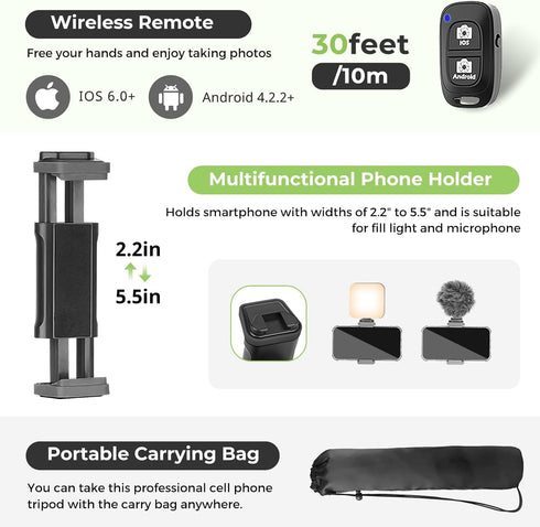 Aureday Phone Tripod, 82" Tripod for iPhone with Flexible Gooseneck, Wireless Remote and Phone Holder, Extendable Stand