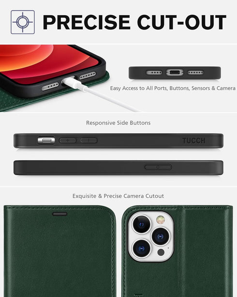 TUCCH Wallet Case for iPhone 12 Pro Max 5G, PU Leather Magnetic Flip Cover, Shockproof TPU Interior, Midnight Green