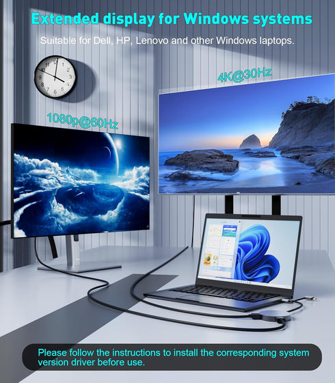 USB 3.0 or USB C to Dual HDMI Splitter Extender Display for Windows and Mac M1/M2/M3, 4K/1080P