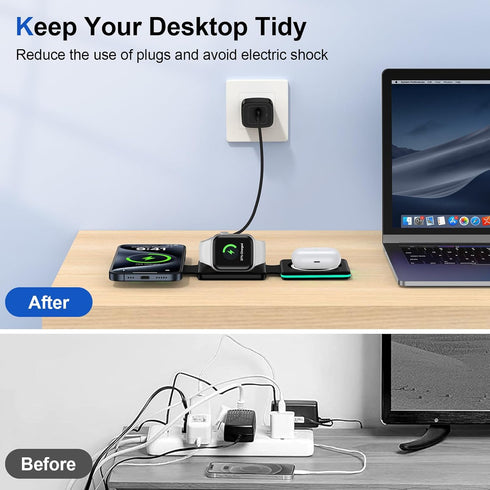 Magnetic Wireless Charging Station for iPhone MagSafe Charger, 3 in 1 Foldable Charger Dock for Travel, Wireless