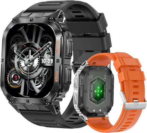 Military Smartwatch for Men, 1.96" AMOLED Screen, Bluetooth Calls, IP68 Waterproof, Black & Orange Bands