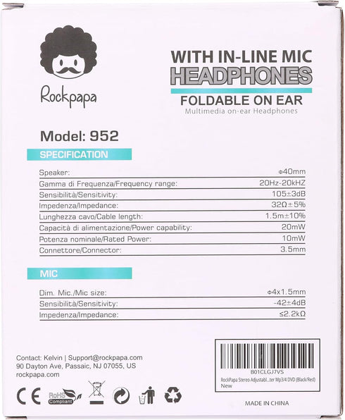 rockpapa 950 Wired Headphones for Kids Girls Boys for School with Microphone, On-Ear Foldable Corded for Laptop, Tablet