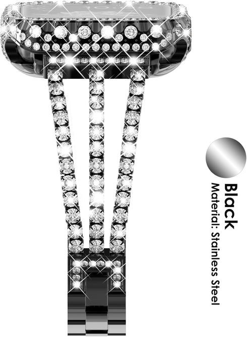 Surace Bling Diamond Rhinestone Link Bracelet for Apple Watch Bands 45mm, 2 in 1 Waterproof Bling Case (Black)