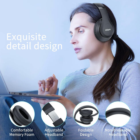Uliptz Wireless Bluetooth Headphones, 65H Playtime, 6 EQ Sound Modes, HiFi Stereo Over Ear Headphones with Microphone,