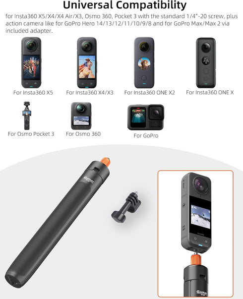 Cakrurt 53.5" Insta360 X5/X4/X3/GO 3s, 360/Pocket 3, Sphra360, 2-in-1 Extendable Selfie Stick Tripod for DJI Osmo Xtra