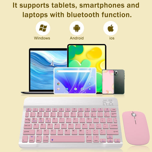 Rechargeable Bluetooth Keyboard and Mouse Combo, Ultra-Slim Wireless Set for Android, Windows, iPad, Pink