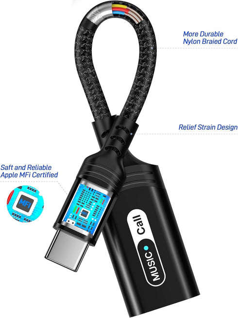 USB C to Lightning Headphone Audio Adapter for iPhone 15, iPad Pro 10, Air 5, Mini 6, MFi Certified Converter