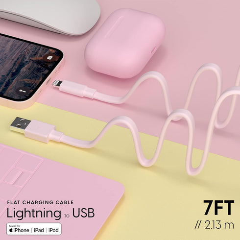 TALK WORKS Flat Lightning Charging Cable 5-7' Pale Pink for iPhone 14/Plus/Pro/Pro Max, 13/Pro/Pro Max, 12/11/10/8