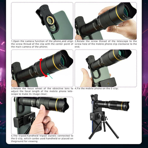 Flylin 32X 0.63X 198 Phone Camera Lens Kit, Long Focus Telephoto High Power HD Lens Wide Angle Macro Fisheye for Most