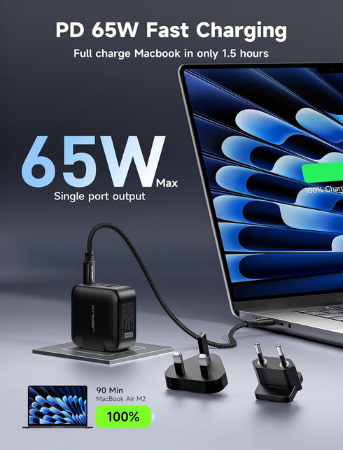 JSAUX 65W 3-Port 6.6FT 17, 2, USB C Wall Charger, GaN Fast Charger Block with Foldable Plug, Includes USB C Cable