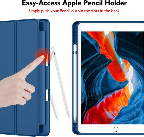 iPad 9.7 Case (2018/2017 Model, 6th/5th Generation), Smart Cover with Pencil Holder, Soft Silicone Back, Navy Blue