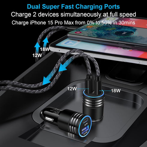 USB C Car Charger, 30W Fast Phone Charger Adapter with 3FT USB C to USB C Cable for iPhone 15/15 Pro/Plus/Samsung