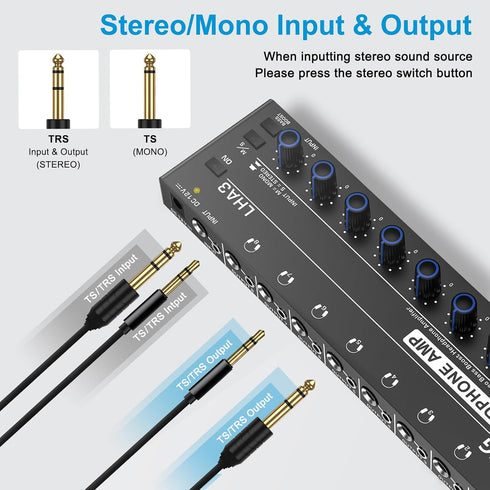 LZSIG 8 Channel Metal Stereo Audio Amplifier Headphone Splitter with Power Adapter, 1/4" & 1/8" TRS Outputs