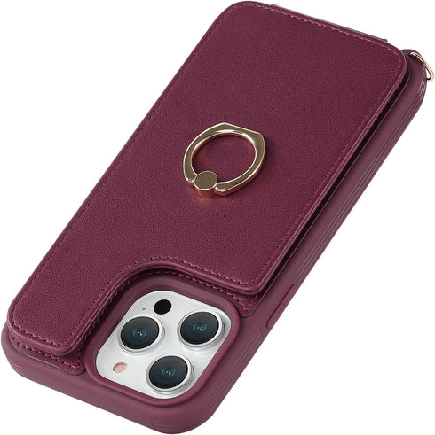 iPhone 15 Pro Case with Card Holder for Women, Phone Case with Strap, Crossbody Lanyard, Ring Stand, Cute Wallet 6.1"