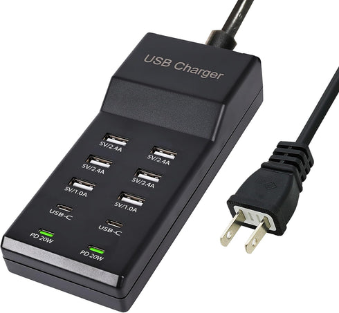100W USB Charging Station with 10-Port (6 USB-A & 2 USB-C & 2 PD20W) Compatible with iPhone 15/14/13/12/11, Tablets,