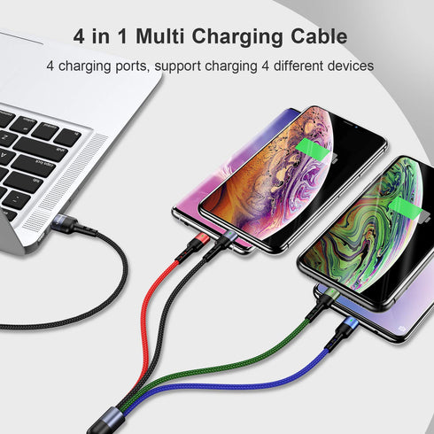 USAMS 2Pack Multi Charging Cable 4FT 4 in 1 Nylon Braided USB Fast Charging for Type C, Micro, and more devices.