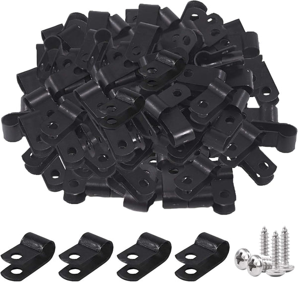 Glarks 120Pcs 1/4 Inch Black Nylon Screw Mounting R-Type Cable Clip - Wire Clamp with 120Pcs Screws