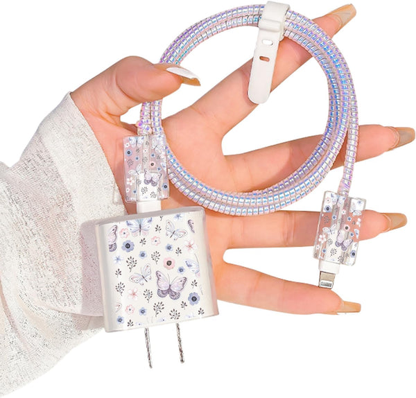 Cute Cable Protector for iPhone Charger, Pretty Flowers Butterfly Design, Data Cable USB Case for iPhone 11/12/13/14