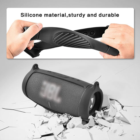 Silicone Case Cover for JBL Charge 5, Black, Waterproof Portable Bluetooth Speaker with Shoulder Strap and Carabiner