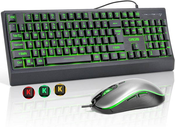 CHONCHOW USB Wired Keyboard and Mouse Combo with Red-Yellow-Green LED, Silent Gaming Keyboard